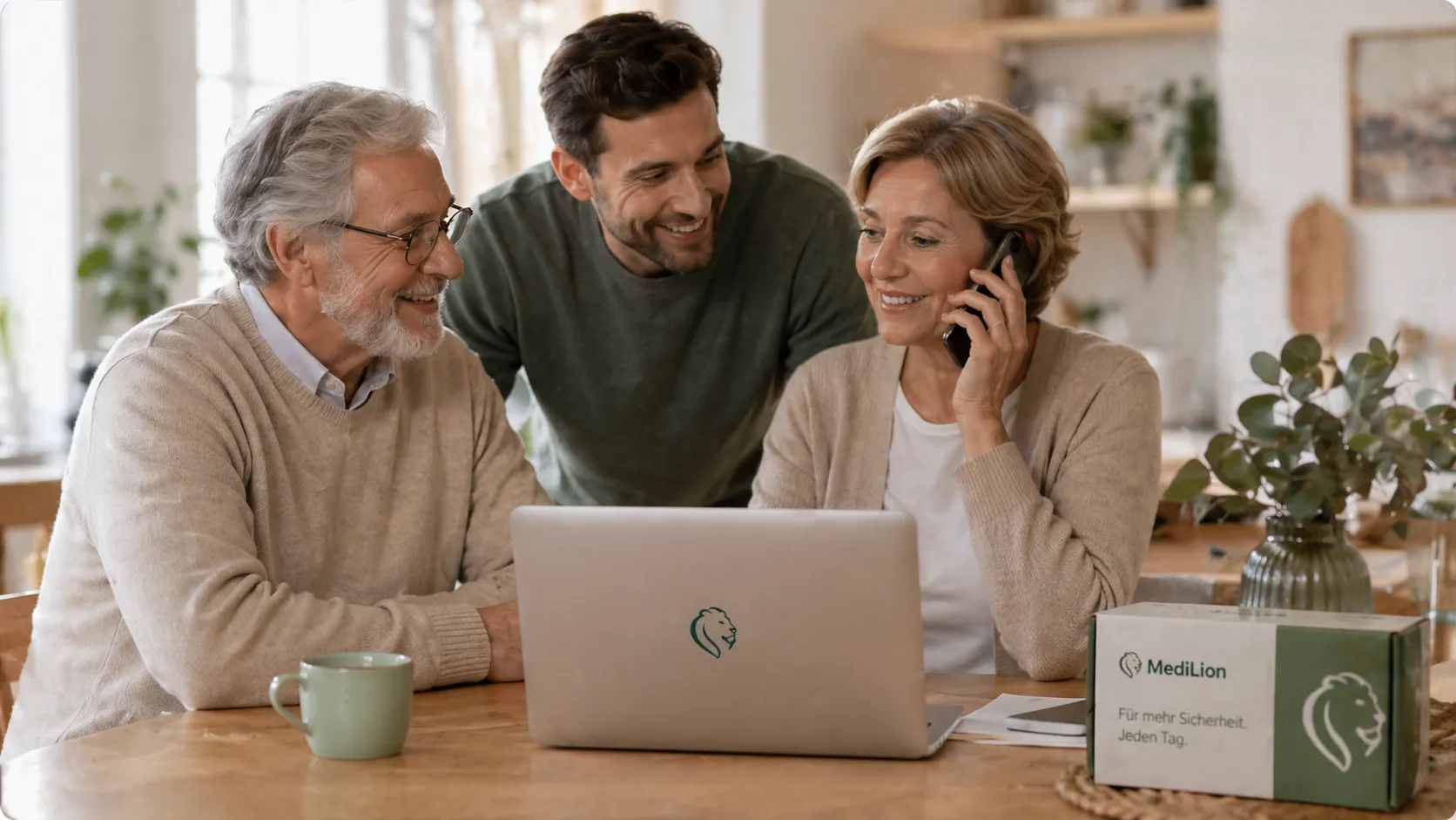 Familie organisiert Pflegebox mit persönlicher Beratung